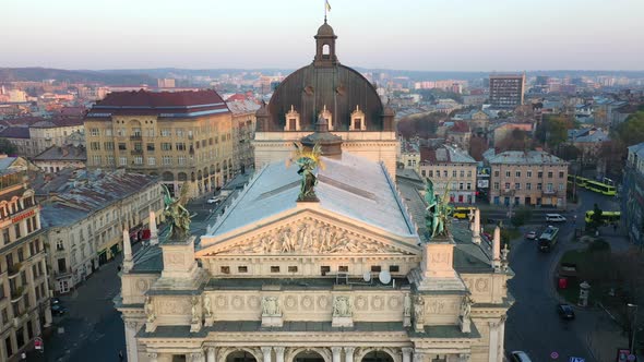 Aerial View of Lviv Opera and Balet Theatre in Lviv Old City Center. Ukraine, Europe