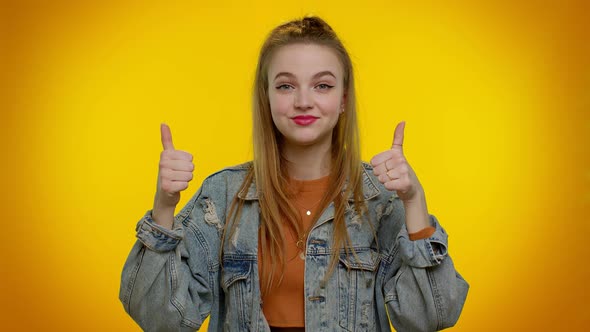 Teen Stylish Girl in Denim Jacket Showing Thumbs Up and Nodding in Approval Successful Good Work