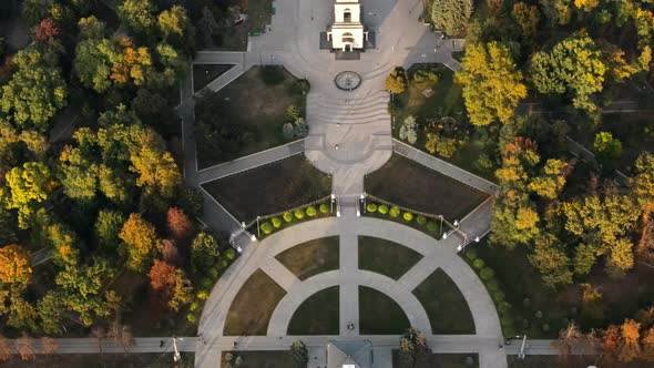 Aerial drone view of Chisinau downtown at sunset. Vertical view of central park, Cathedral