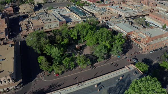 Aerial overhead circling Plaza in downtown Santa Fe New Mexico