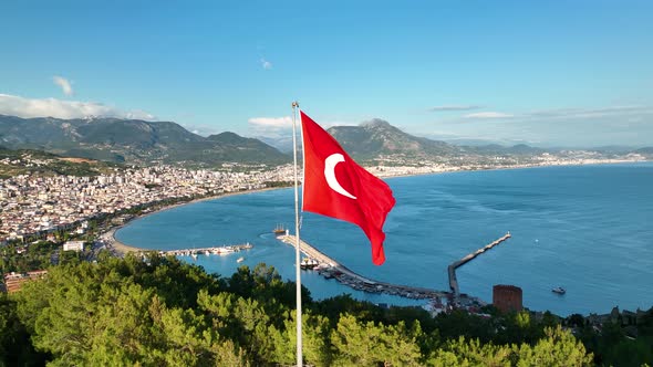 Turkish flag aerıal vıew 4 K Turkey Alanya