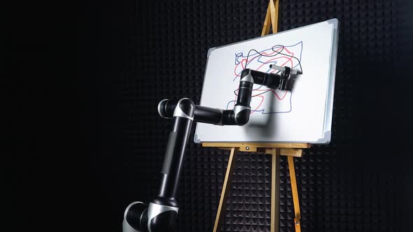 Programmed Robot Draws a Picture, a Futuristic Robot Hand Draws a Marker on a Blackboard, Robot