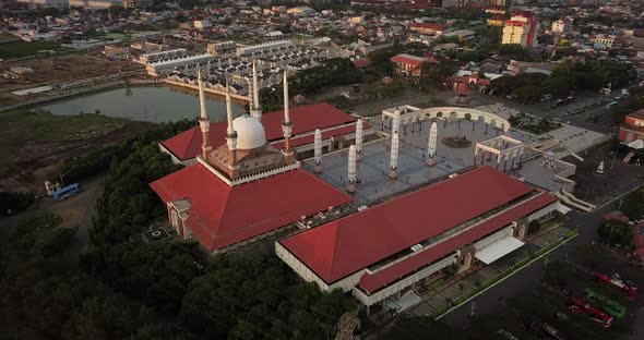 Circling drone shot of the great Mosque of Central Java (MAJT) in the afternoon. It have some pillar