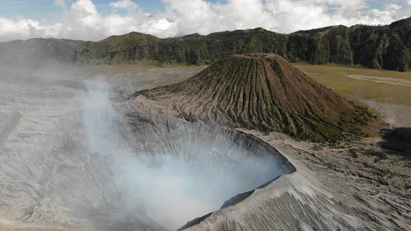 Panoramic Aerial View of the Active Volcano During Explosion