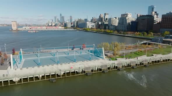 Fly Over Sport Playgrounds on Piers in Hudson River