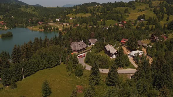 Aerial view of rescue vehicles driving in Colibita