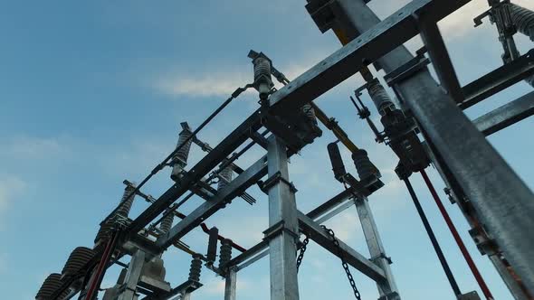 Low Angle View of the Metal Structure for Power Station Transformer