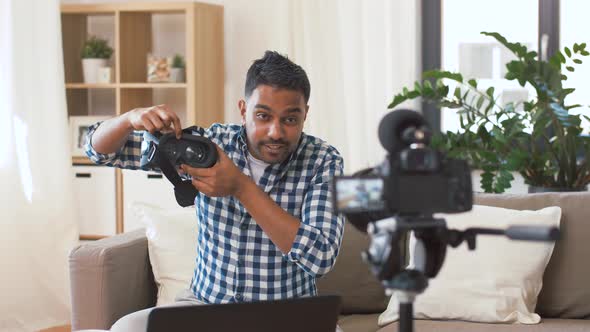 Male Blogger with Vr Glasses Videoblogging at Home 