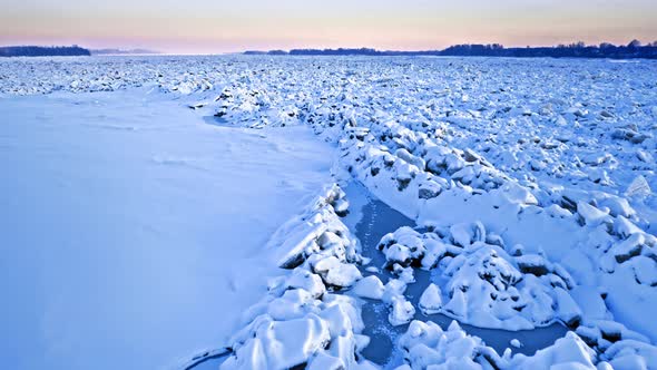 Ice jam on Vistula River, Poland. Water transport on river.