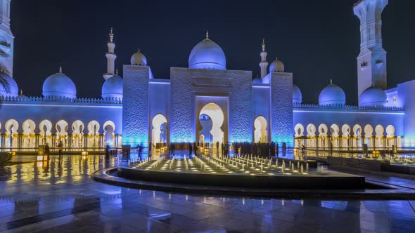 Sheikh Zayed Grand Mosque Illuminated at Night Timelapse Hyperlapse Abu Dhabi UAE