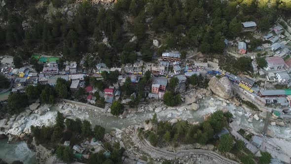 Gangotri village in the state of Uttarakhand in India seen from the sky
