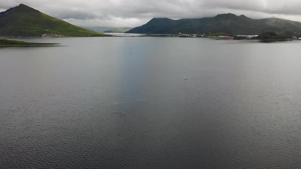 Aerial view of Unalaska Bay with fog, Alaska, United States.