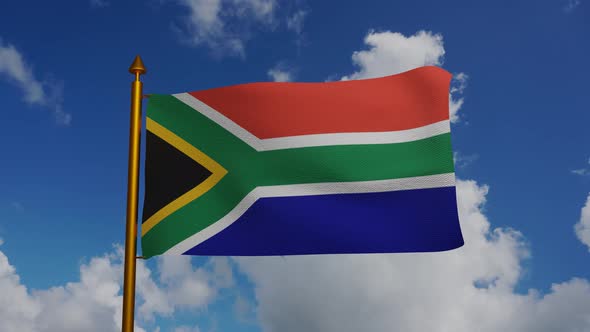 National flag of South Africa waving with flagpole and blue sky timelapse