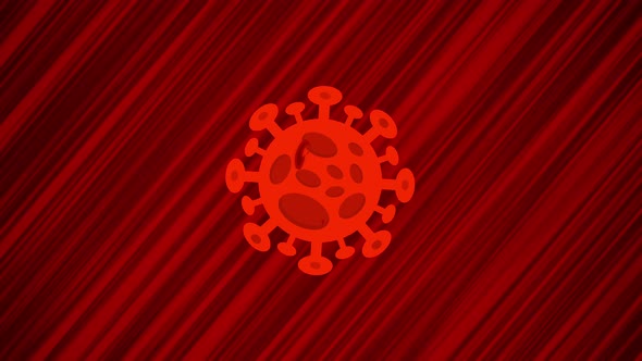 Flying virus on red background. Looped animation of jumping corona virus. Moving COVID