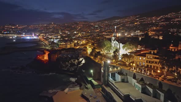 Aerial View of Night Funchal City Madeira Portugal