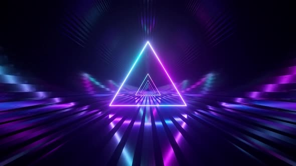 Sci-fi Tunnel with Neon Triangles. An Endless Flight Forward. Modern Neon Lighting. Seamless Loop 3d