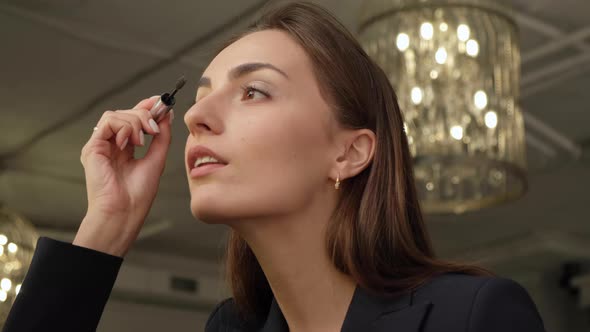 Beautiful Woman Make-up Artist Paints The Eyes Of A Charming Young Brunette.