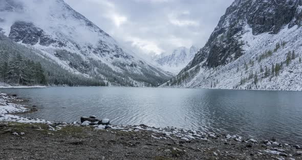 Snow Mountain Lake Timelapse at the Autumn Time