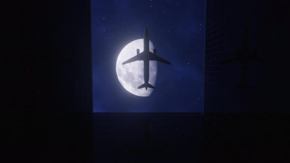 The Airplane Flies At Night Over Skyscrapers