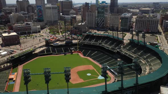 Comerica Park, home of the Detroit Tigers in Detroit, Michigan with drone video close up moving down