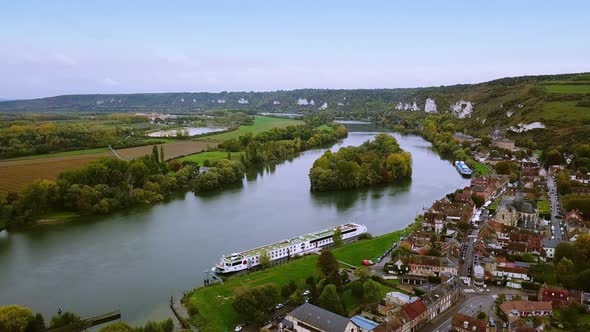 Aerial Drone. City View Les Andelys Chateau Gaillard Castle, , Normandy, France