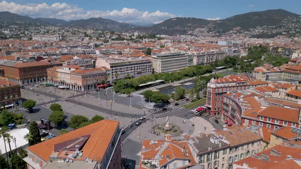 Drone shot of The Place Massena, a historic square in Nice, Cote d'Azur, France