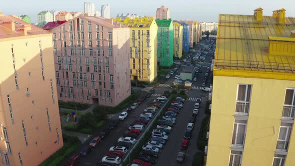 Top view of the colorful modern buildings, aerial footage from the drone