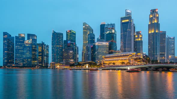 Stunning Twilight View of Singapore City Cityscape Skyscrapers Day To Night Timelapse