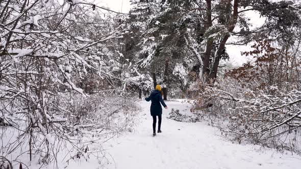 Woman walks in the winter snowy forest