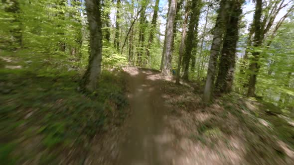 Mountain Biker in Helmet Rides Along Extreme Downhill Track