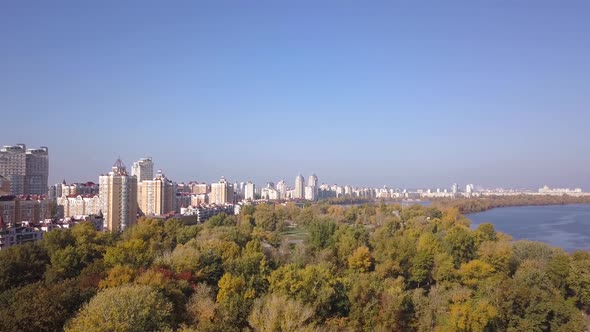 Aerial: Obolonska Quay in Obolon district in Kiyv, autumn time