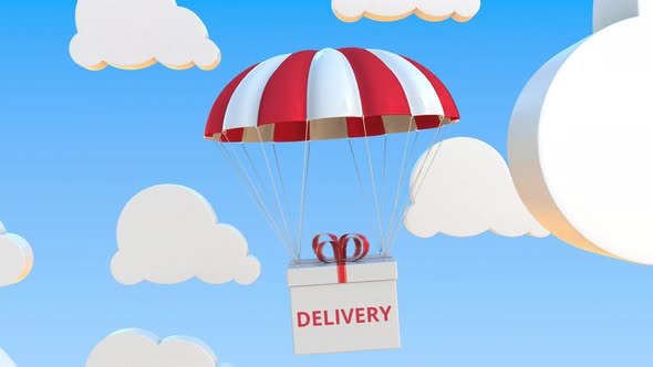 Box with DELIVERY Text Falls with a Parachute