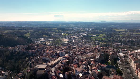 Aerial View of Dense Historic Center of Thiers Town in PuydeDome Department AuvergneRhoneAlpes