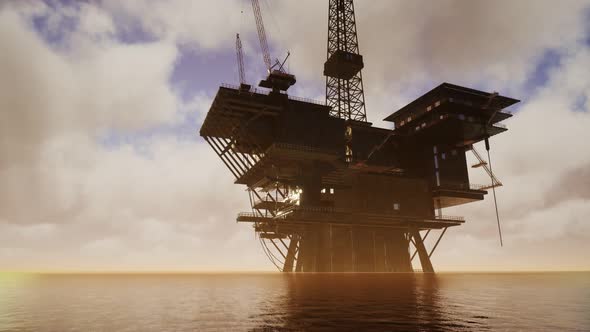 Offshore Jack Up Rig in The Middle of The Sea at Sunset Time alt