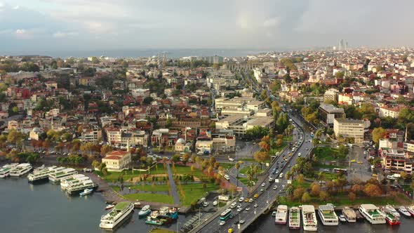 Wide aerial view of a colorful and vibrant morning sunrise in Istanbul Turkey after an early rain sh