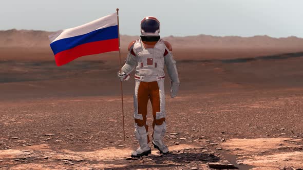 Astronaut Walking on Mars with Russian Flag