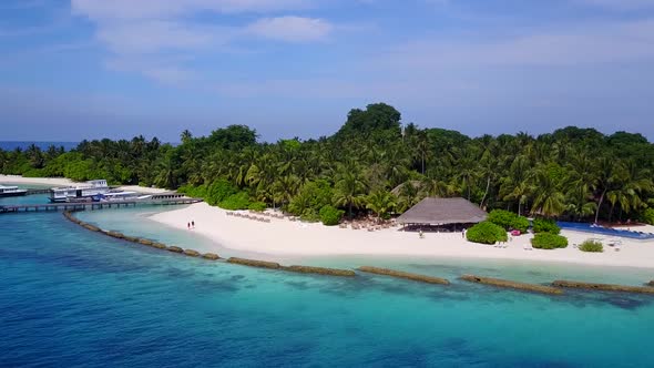 Drone view scenery of marine island beach voyage by ocean and sand background