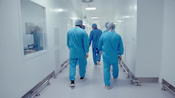 Back View of Medical Staff Wearing Protective Masks and Uniform Walking and Talking in the Hallway