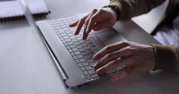 Closeup Male Hands Typing Text Working on Laptop Keyboard