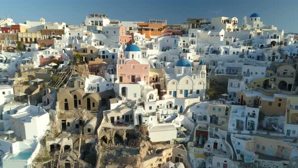 Aerial View Flying Over City of Oia on Santorini Greece