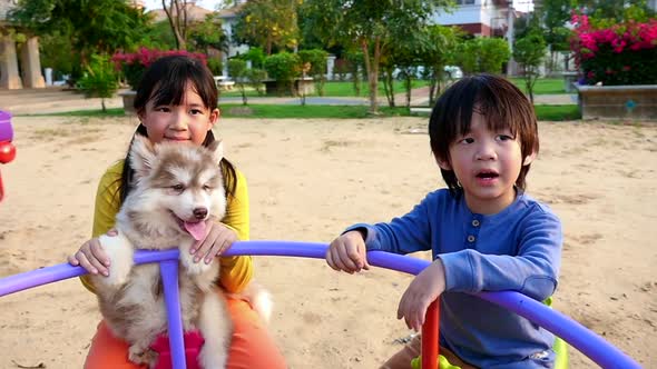 Asian Children And Siberian Husky Puppy Having Fun On Carousel