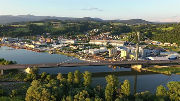 Danube river and bridge Deggenau, autobahn A3 and Deggendorf harbour