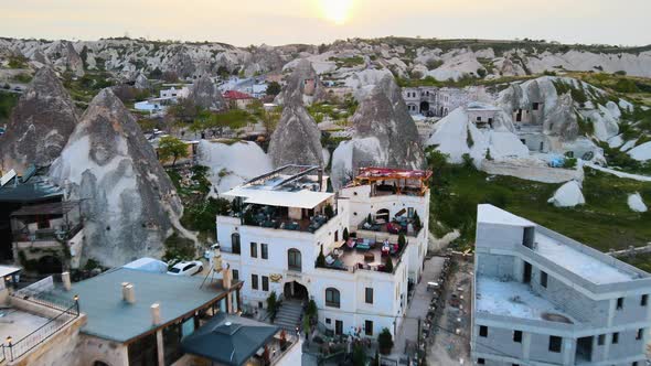 Aerial shot of Cappadocia, Anatolia, Turkey. Open air museum, Goreme national park.