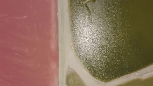 Aerial of pink and green salt ponds from Birdview. Las Coloradas, Mexico.