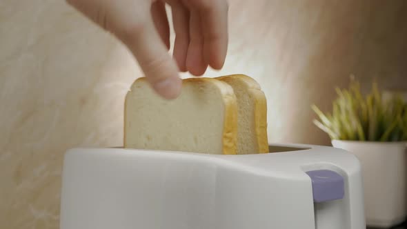 a Man's Hand Sets the Temperature of Toasting Bread on a White Toaster