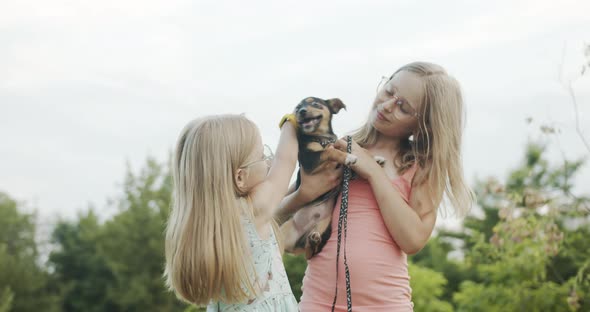 Happy Little Girls Playing with Dog in the Park and Having Fun Sisters Together