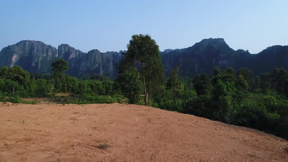 Landscape around the city of Vang Vieng in Laos seen from the sky