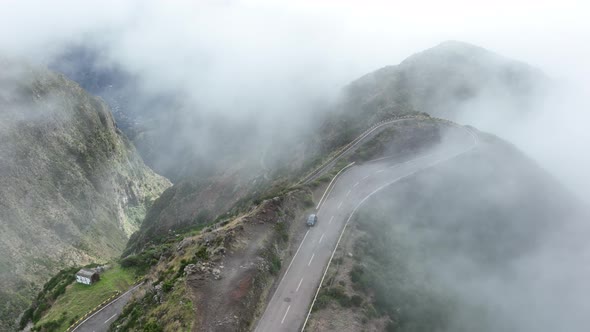 Madeira Island Mountain Road Through the Clouds with Cliffs and Beautifull Nature Surrounded on a