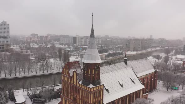 Aerial view of the Cathedral in Kaliningrad in the wintertime