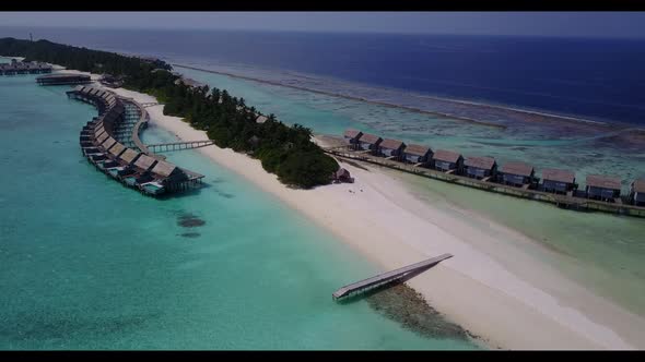 Aerial drone tourism of luxury shore beach lifestyle by transparent water with white sandy backgroun